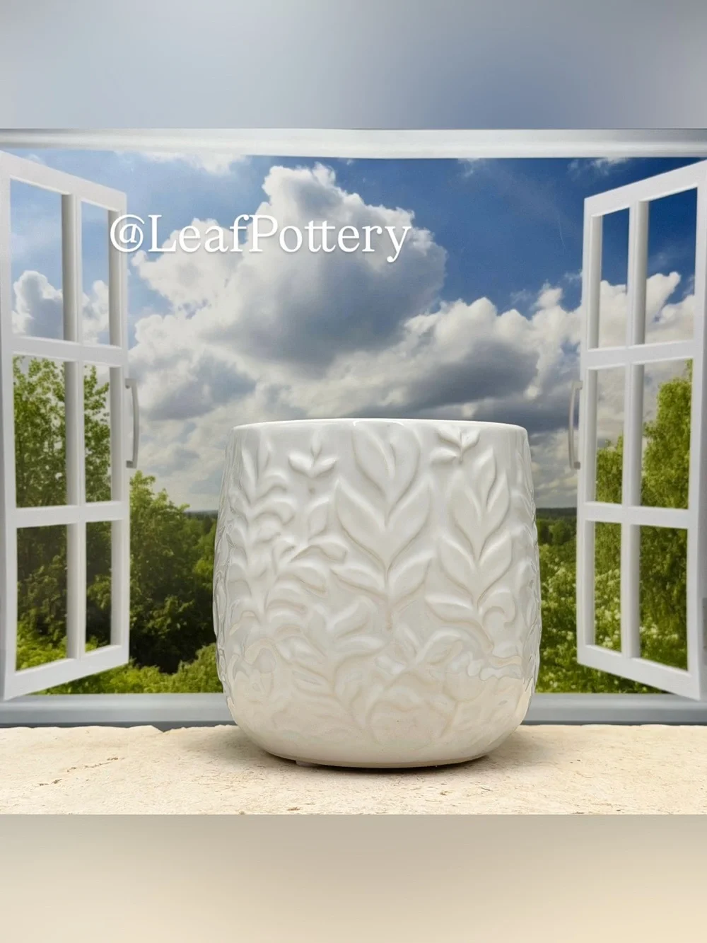 White Leaf Ceramic Planter with Drainage Hole, 5 Inch Textured Flower Pot